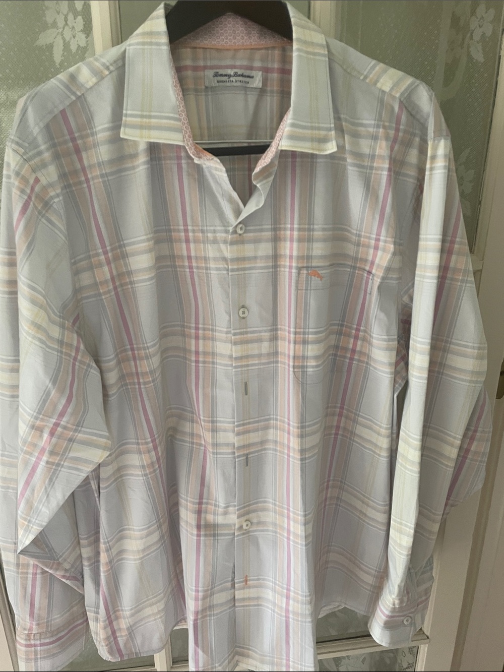 Tommy Bahama Men's Light Gray Plaid Shirt with Pink and Cream Accents